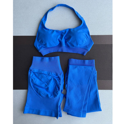 2 Pieces Yoga Gym Set Women Seamless Strappy Yoga Bra High Waist Workout Scrunch Shorts Sports Set Fitness Clothes Sportswear