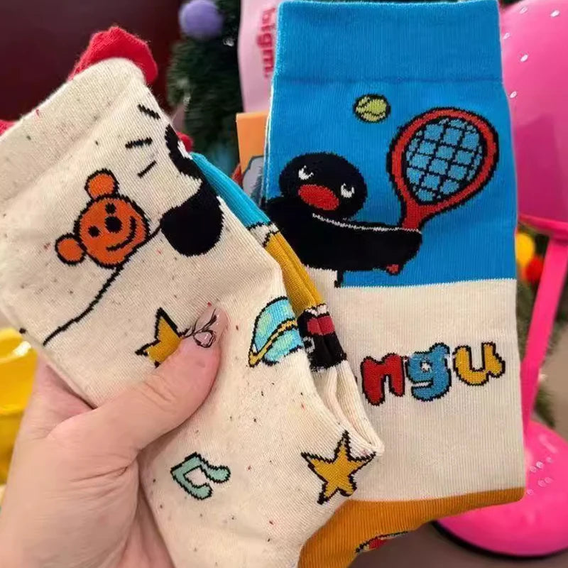 1/2Pairs Autumn and Winter Season Trendy Cartoon Cute Original Versatile Animal Colorful Pattern Simple Penguin Middle Socks