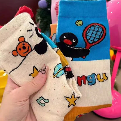 1/2Pairs Autumn and Winter Season Trendy Cartoon Cute Original Versatile Animal Colorful Pattern Simple Penguin Middle Socks