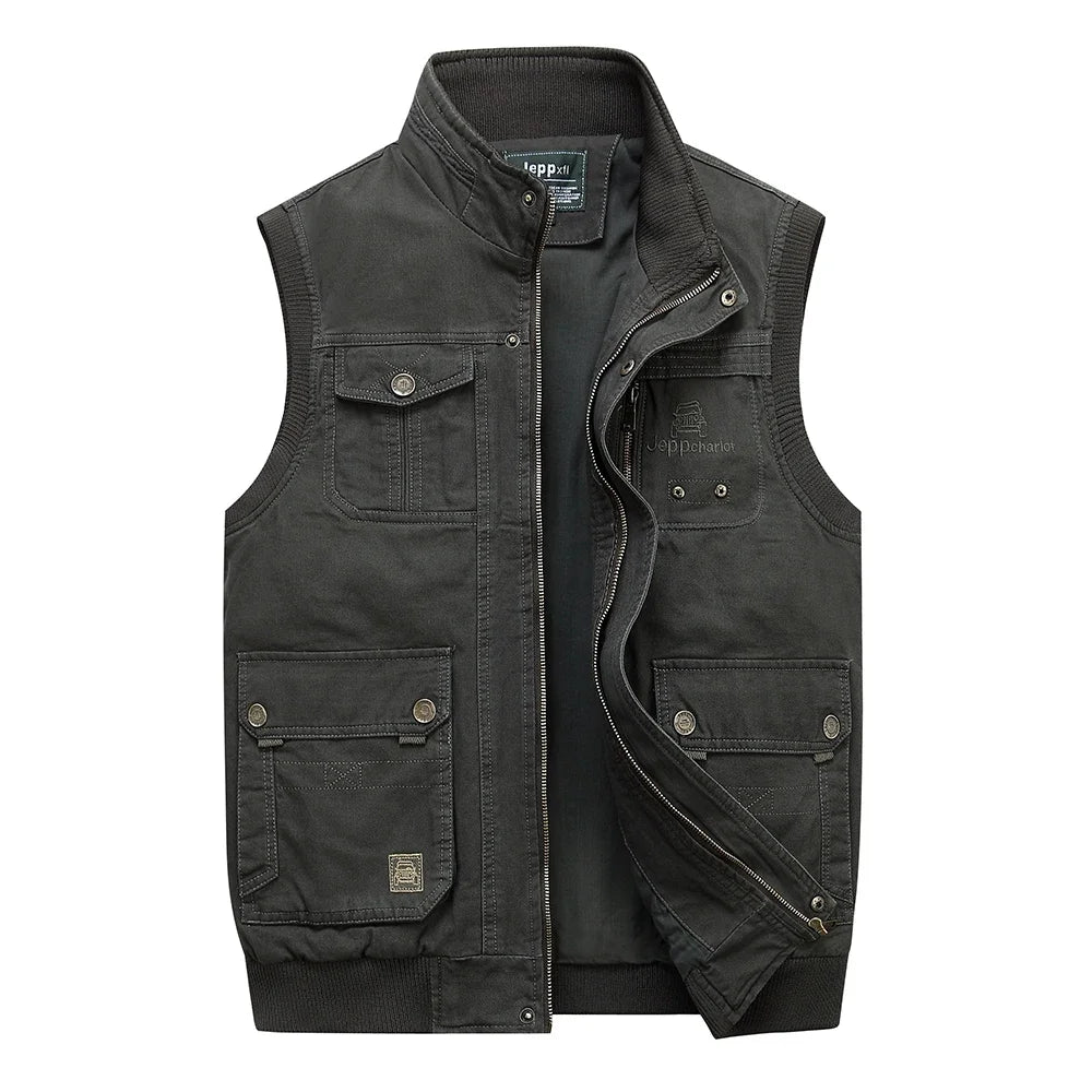 Men Multi Pockets Cotton Vests Big Size XL-5XL Male Sleeveless Jackets Spring Autumn Fishing Vests Photography Collar Waistcoats