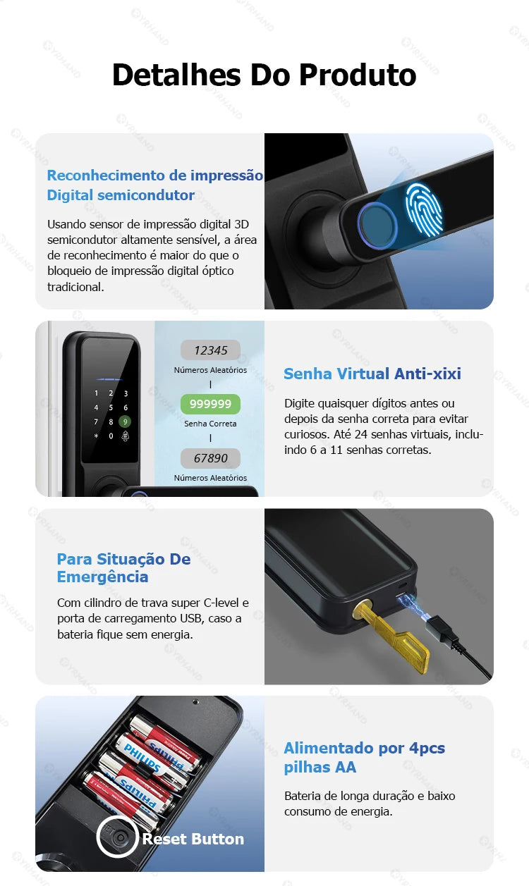 YRHAND Do Brasil Tuya wifi App Unlock fechadura digital Waterpoof eletronica Fingerprint  IC card Smart Door Lock for Home