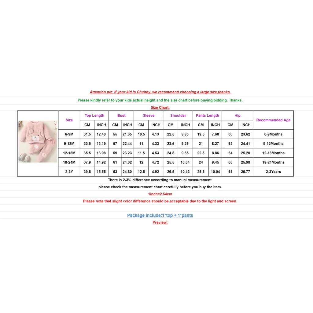 0-3Years Baby Girl Clothes Set Cute Bear O-neck Long Sleeve Top+Thick Pants Autumn&Winter Warm Clothing Outfit for Toddler Girl