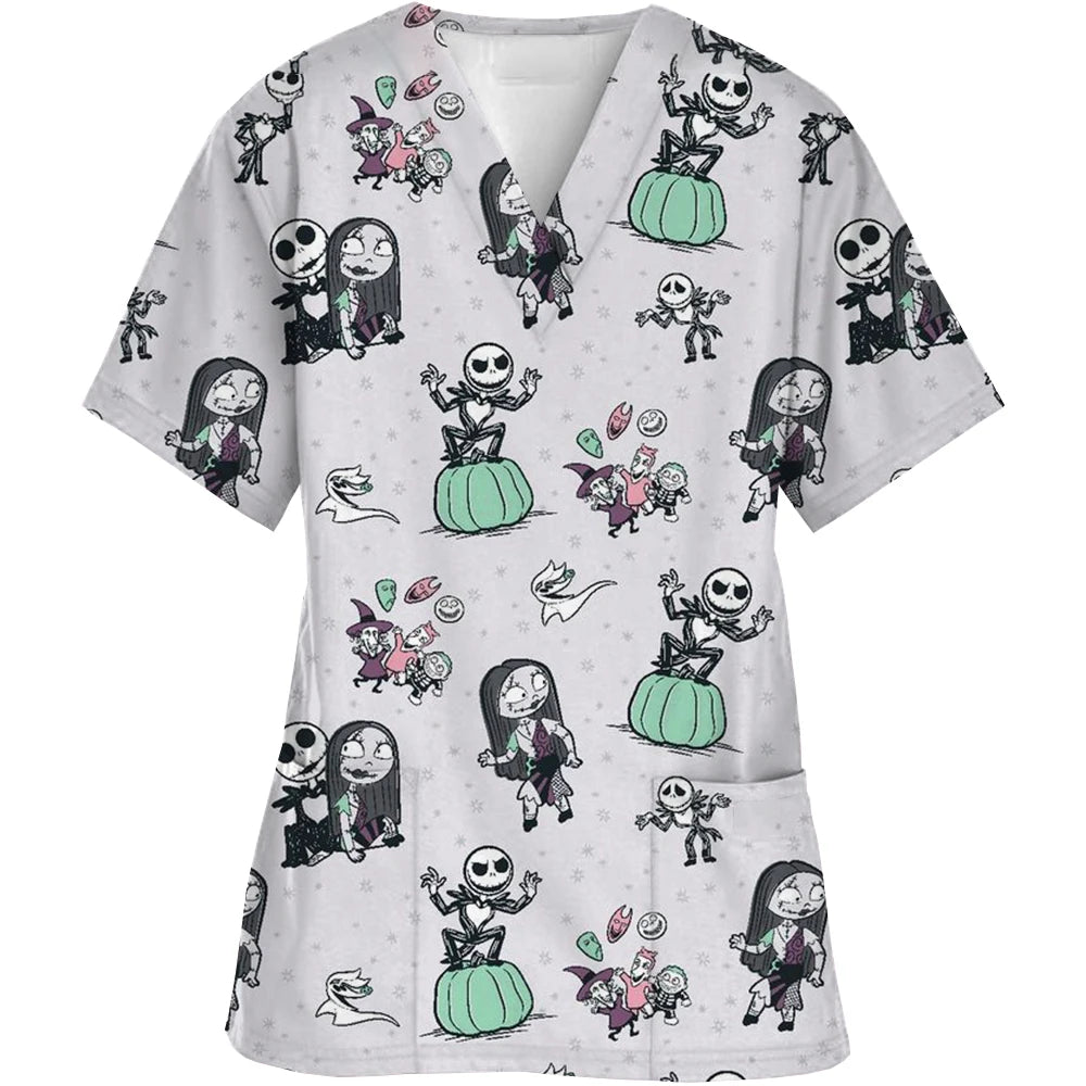 Vêtements de travail à col en V, motif cauchemar de Noël, pour Halloween, chirurgie, grande taille, infirmière, vêtements médicaux, haut mat pour femmes