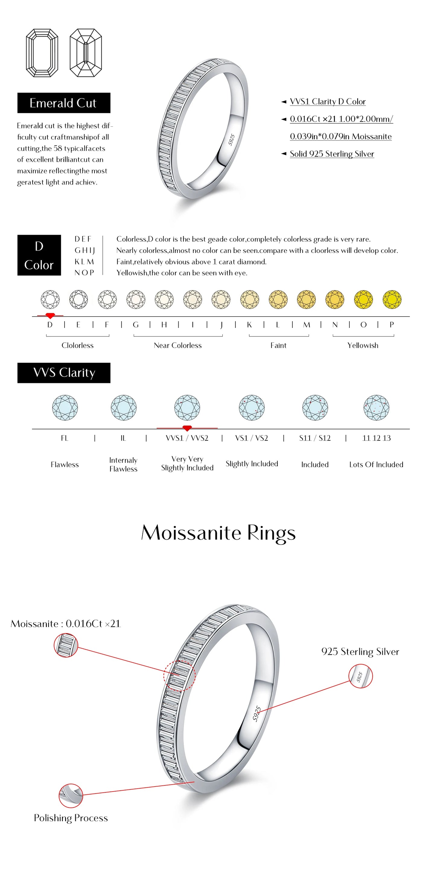 MODIAN Dazzling D Color Rectangle Moissanite Stackable Rings 925 Sterling Silver Eternity Band Rings For Women Fine Jewelry