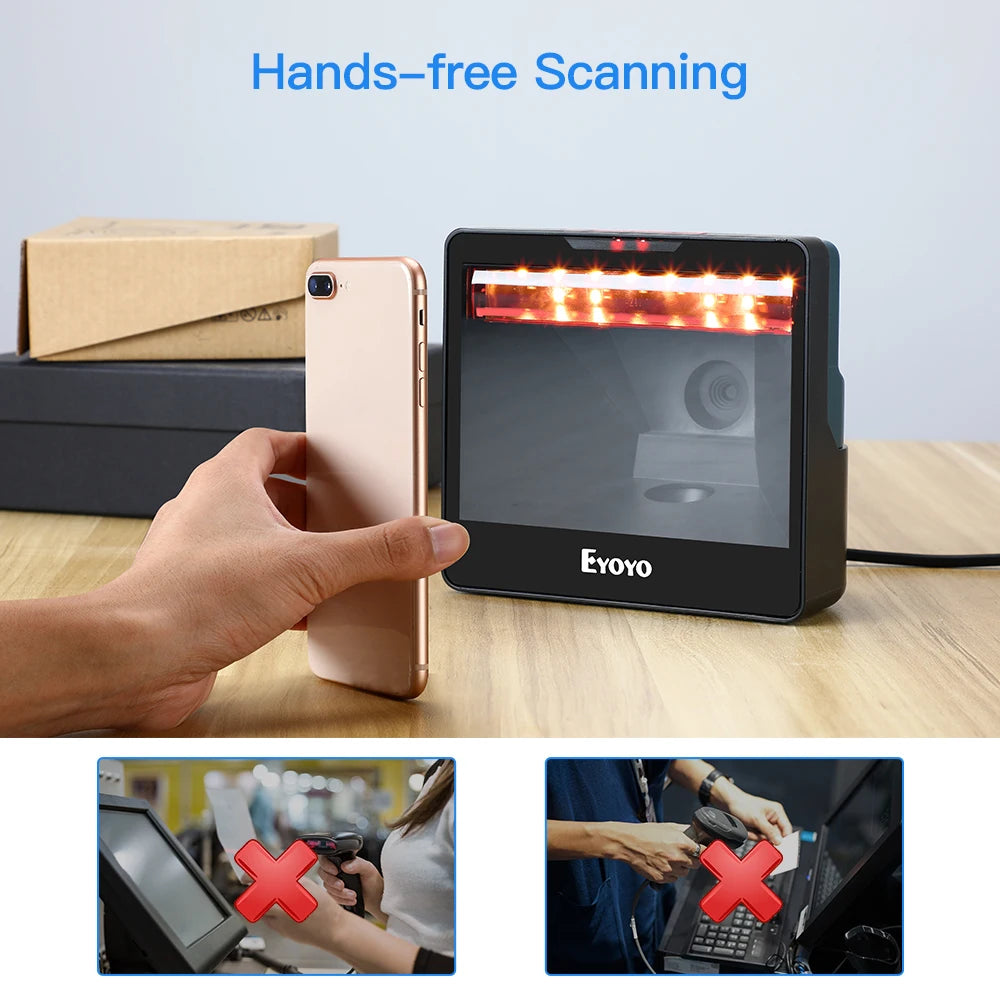 Eyoyo 2D Desktop Barcode Scanner Omnidirectional Hands-free 1D USB Wired Table Bar Code Reader PDF417 QR Image Screen Scanning