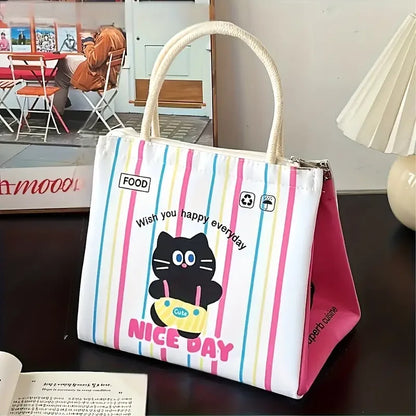 Cute Kitten Lunch Box Bag Student Hand-Held Aluminum Foil Insulated Lunch Box Bag Large Capacity Lunch Box Bag