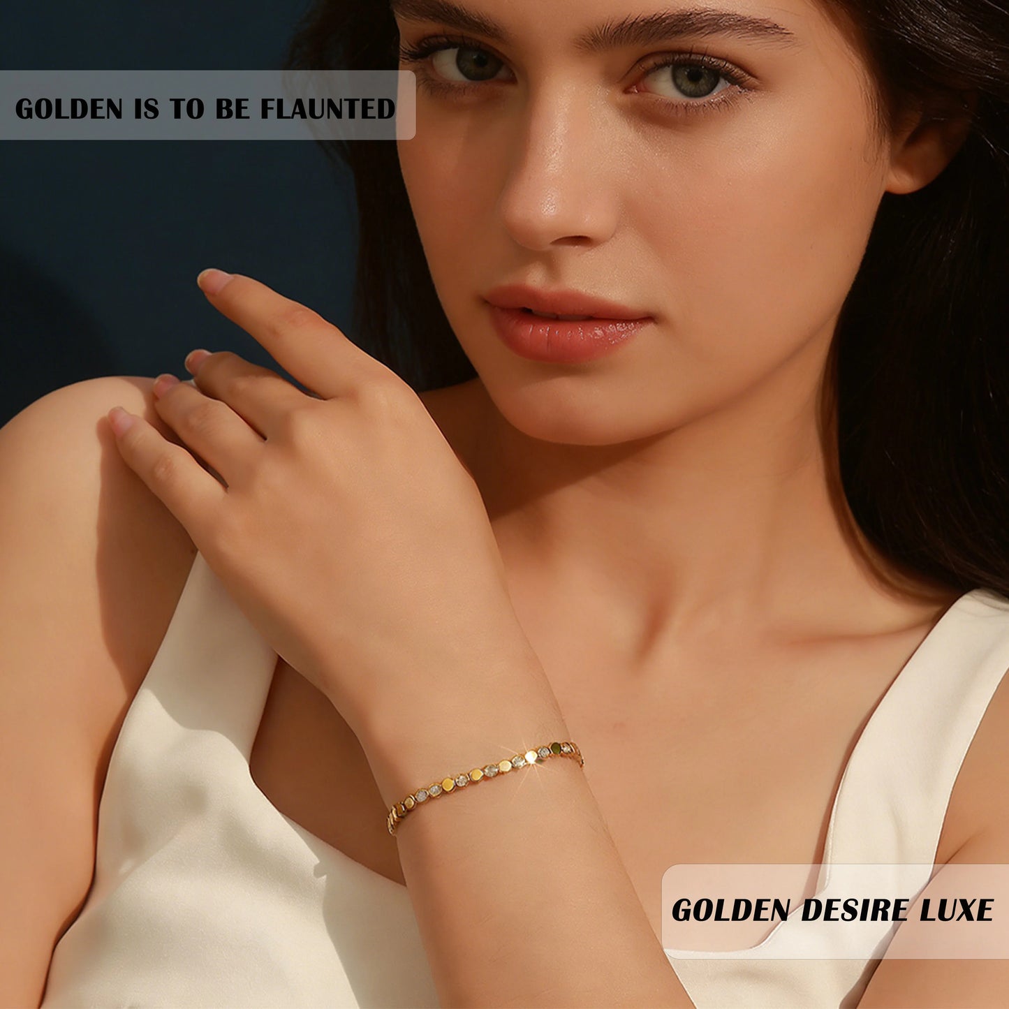 Bracelet tennis hexagonal en argent sterling 925 plaqué or 14 carats et moissanite, pour femme. Bijou géométrique scintillant aux couleurs chatoyantes. Idée cadeau.