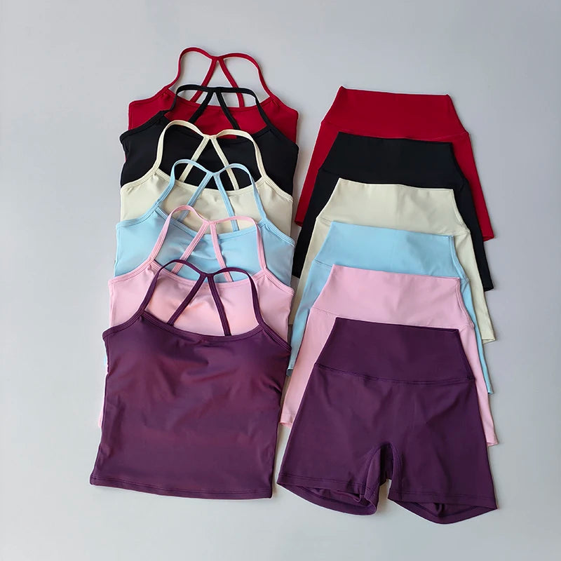 2PCS Gym Fitness Medium-intensity Sports Vest Beauty Back Yoga Suit Sports Bra Women Pilates Bra High Waist Hip Lift Shorts Set