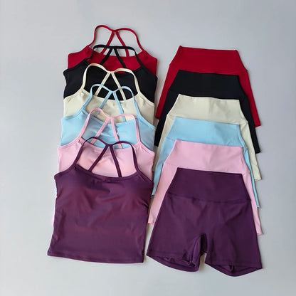 2PCS Gym Fitness Medium-intensity Sports Vest Beauty Back Yoga Suit Sports Bra Women Pilates Bra High Waist Hip Lift Shorts Set