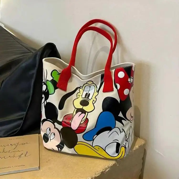 Cartoon Mickey Tote Bag Canvas Bag with Goofy Pattern Shoulder Bag Fashion Travel Large Capacity Canvas Bag Women Shopping Use