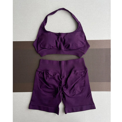2 Pieces Yoga Gym Set Women Seamless Strappy Yoga Bra High Waist Workout Scrunch Shorts Sports Set Fitness Clothes Sportswear