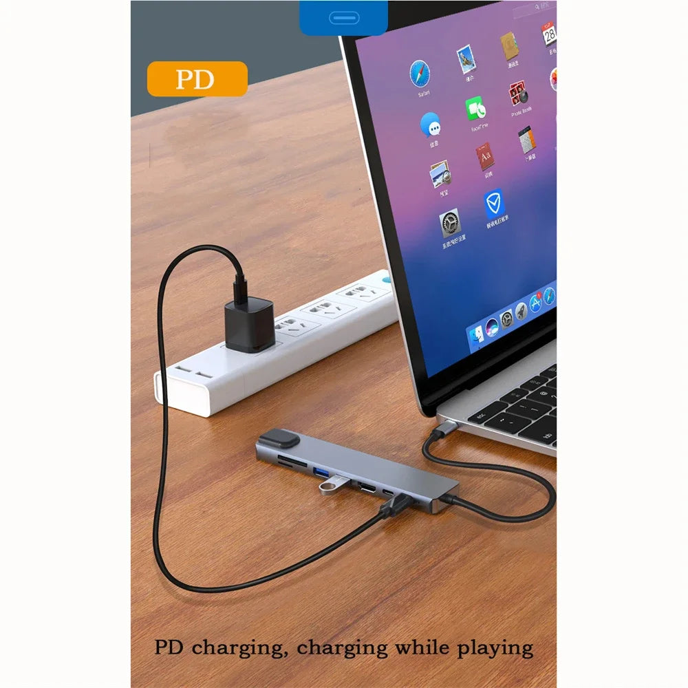 8 In 1 USB C Hub with RJ45 SD/TF Card Reader Type C 3.1 To 4K HD Adapter  PD Fast Charge for MacBook Notebook Laptop Computer