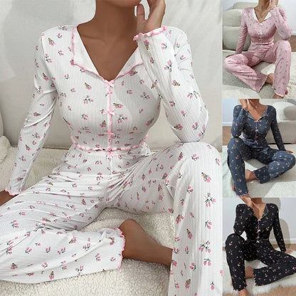 Pajamas Set Women Sleepwear Winter Autumn Floral Print Long Sleeve Tops and Long Pants 2 Pieces Set Casual Loungewear