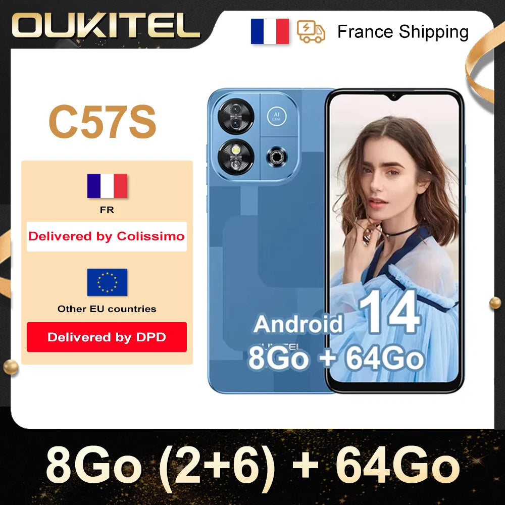Smartphone Android 4G OUKITEL C57S - 14 Go - 8 Go (2 + 6) RAM / 64 Go ROM - Écran 6,52" - Appareil photo 13 MP - Batterie 4300 mAh - Téléphone abordable - Double SIM
