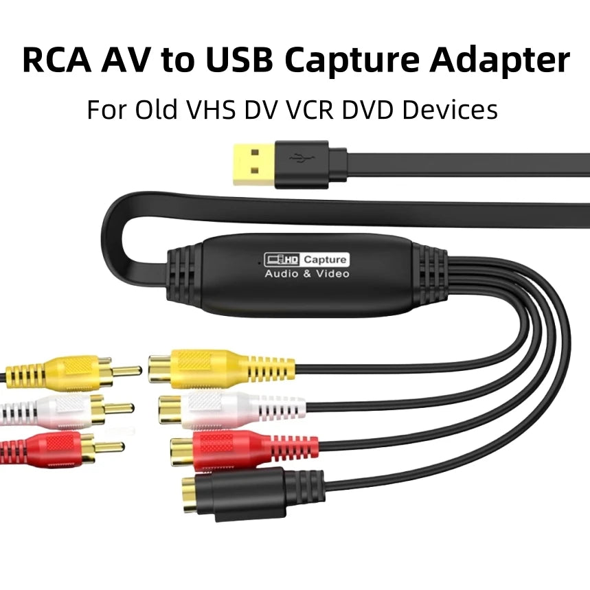 RCA AV To USB 2.0 Video Capture Card Old VHS TV DVD VCR to Digital Files Adapter for Laptop Desktop PC Support OBS