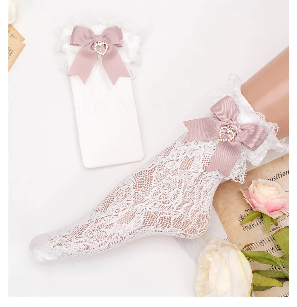 JK Lolita Lace Stockings Bow Knot Sweet Socks Female Long Stocking Teen Uniform Calf Socks Student Cute JK Socks
