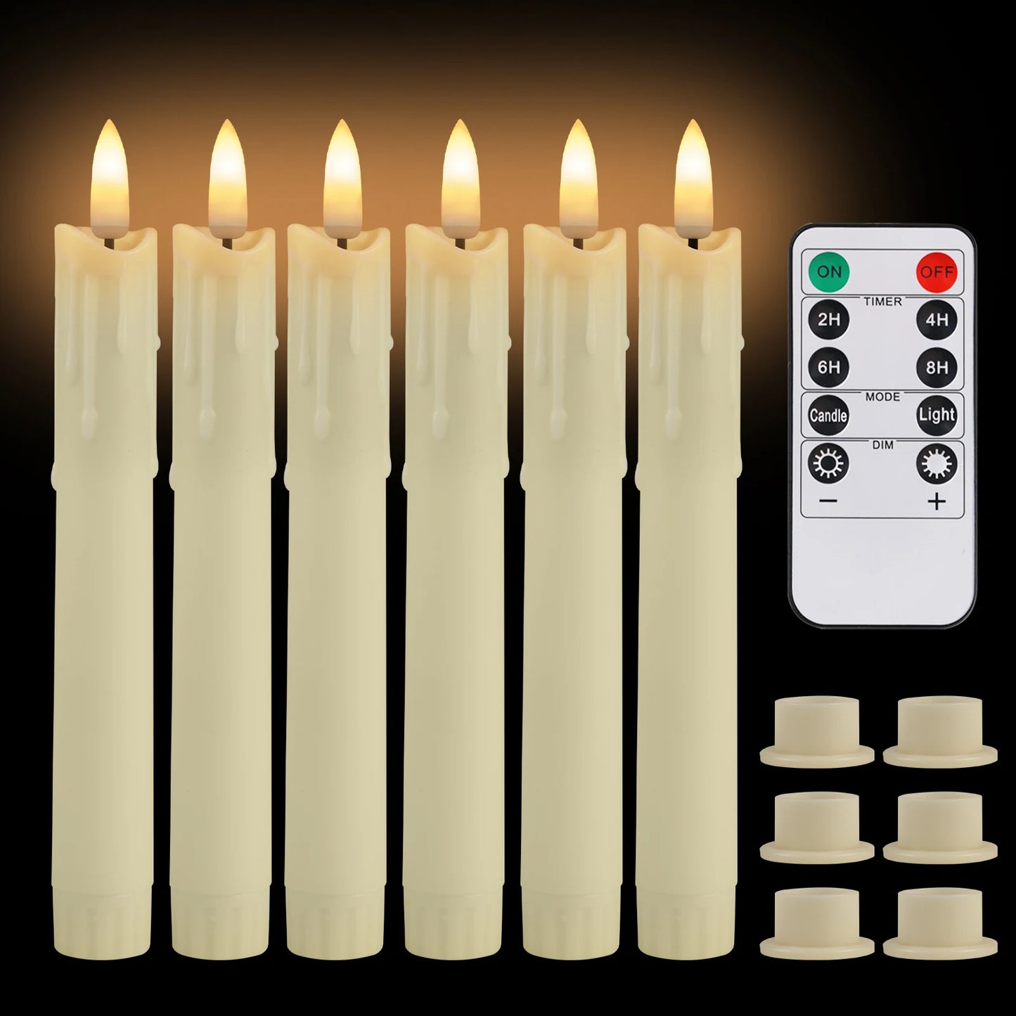 Lot de 6 ou 12 bougies coniques ivoire sans flamme à LED, effet scintillant, avec télécommande, mèche 3D, fonctionne sur piles, décoration de Noël, fenêtre ou mariage