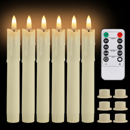 Lot de 6 ou 12 bougies coniques ivoire sans flamme à LED, effet scintillant, avec télécommande, mèche 3D, fonctionne sur piles, décoration de Noël, fenêtre ou mariage
