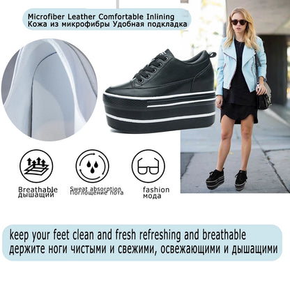 Fujin 10.5cm High Thick Heel Platform Flats Women Casual Shoes Genuine Leather Soft Quality Casual Shoe Sneakers White Black