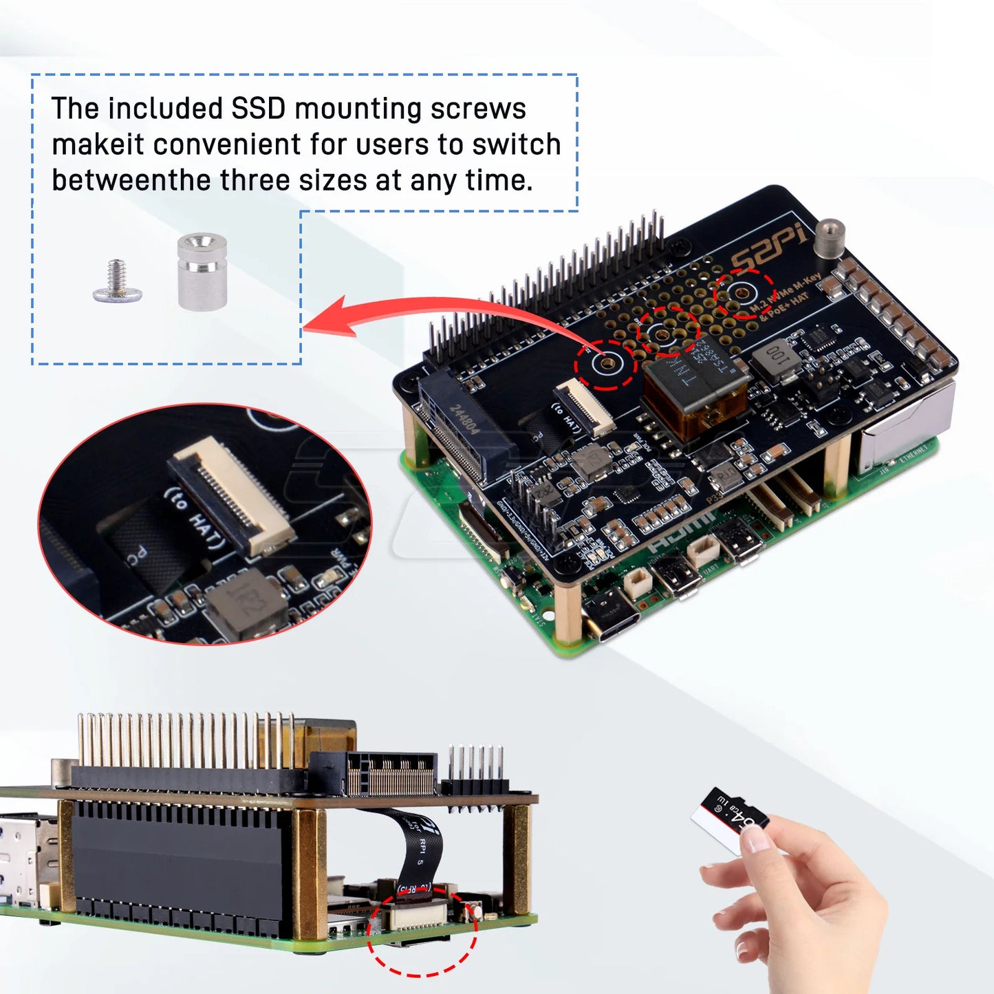 52Pi M.2 NVME M-key & PoE+ Hat & Active Cooler Kit For Raspberry Pi 5 Support SSD: 2230/2242/2260/2280