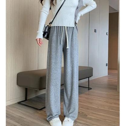 Autumn Winter Plush Pants Women  Soft Straight Tube Flared Pants High Elasticity Waist Casual Fashion Knited Woolen Pants