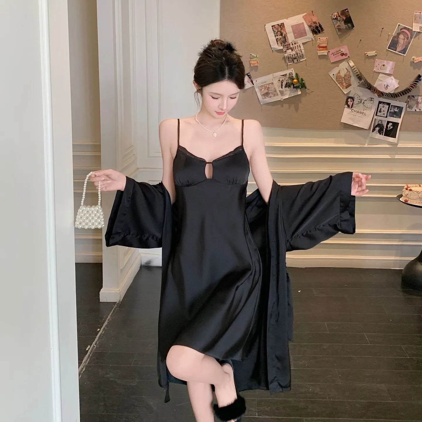 Robe Gown Sets Women Summer Silk Dress Leisure Elegant 2pcs Sleep Lounge Robe Sleepwear Womens Nightdress Soft Bathrobe