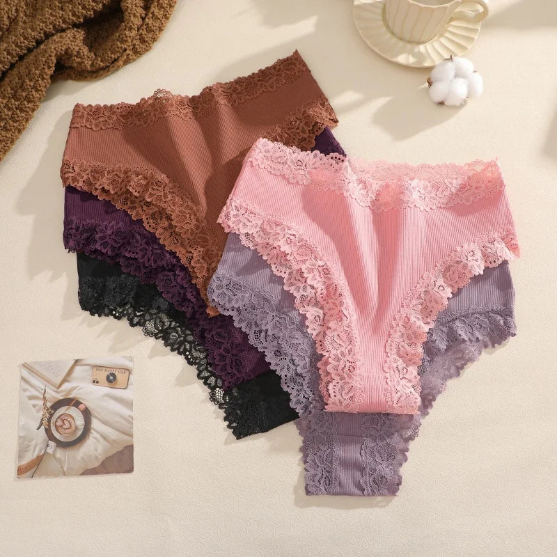 4Pcs/Set Seamless Cotton Brazilian Pants For Women Elastic High Waist Breathable Underpants Ladies Lace Panties Sexy Lingerie