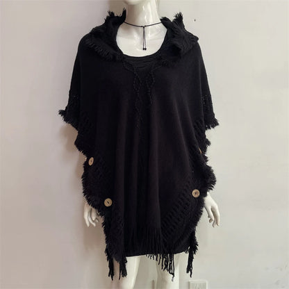Women Knitted Cape Shawl Wrap Cloak Ethnic Hooded Poncho Hoody Jumper Sweater Tassels Dropshipping