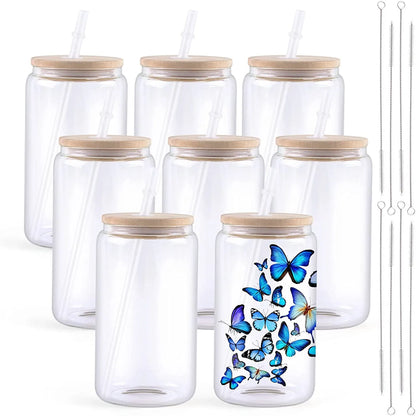 HTVRONT Lot de 8 gobelets à sublimation en verre dépoli/transparent de 473 ml (16 oz) avec couvercle en bambou - Gobelets vierges à sublimer soi-même pour café glacé