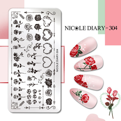 NICOLE DIARY Rose Flower Nail Stamping Plates Image Template Valentine's day Love Heart Printing Stencil Nail Art Manicure Tools