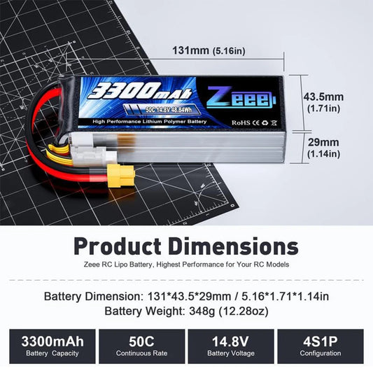 Lot de 2 batteries Zeee 4S Lipo FPV pour drone, 14,8 V, 3300 mAh, 50C, avec étui souple et connecteur XT60, compatibles avec voitures, hélicoptères et camions radiocommandés. Pièces détachées pour modèles réduits radiocommandés.