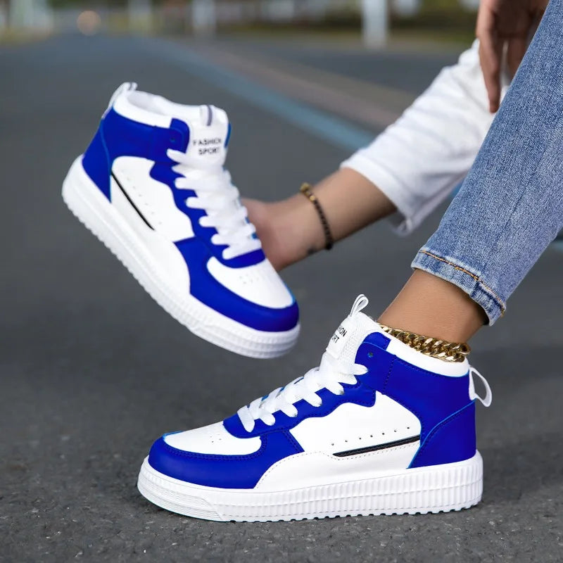 HKDQ Blue High Top Sneakers Unisex Non Slip Platform Men's Skate Shoes Spring Autumn Casual Leather Skateboard Shoes For Women