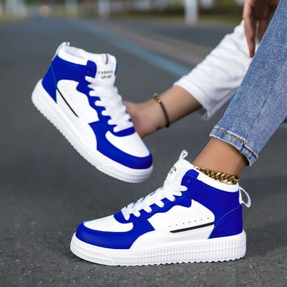 HKDQ Blue High Top Sneakers Unisex Non Slip Platform Men's Skate Shoes Spring Autumn Casual Leather Skateboard Shoes For Women