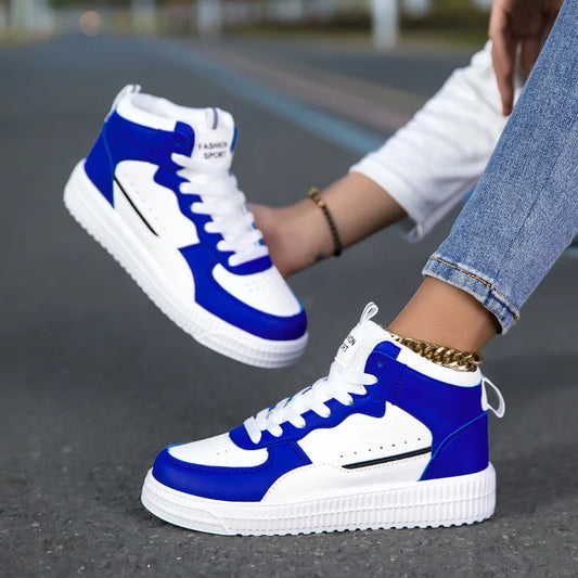 HKDQ Blue High Top Sneakers Unisex Non Slip Platform Men's Skate Shoes Spring Autumn Casual Leather Skateboard Shoes For Women