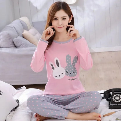 Autumn 2pieces Pyjamas Set Women Thin Sexy Sleepwear Lovely Home Suit 2025 Round Neck Girls Teacup SleepwearLong Sleeve Pajamas