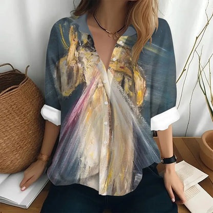 Autumn Women's Shirt Fashion Long Sleeve T-shirt Figure Print Loose Button Fashion Top Women's Polo Neck Long Sleeve T-shirt