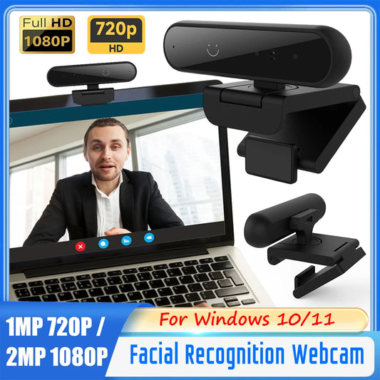 Webcam avec reconnaissance faciale, compatible Windows Hello, 1 MP 720p / 2 MP 1080p, connexion par reconnaissance faciale infrarouge pour ordinateur portable et PC, avec microphone intégré.