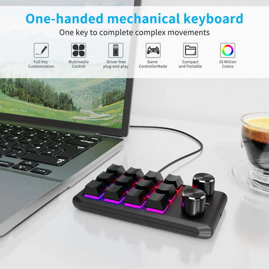 Clavier mécanique mini 12 touches, 2 molettes, macro personnalisable, Bluetooth, 3 modes de programmation, pour le jeu, avec interrupteurs à dessin et touches remplaçables à chaud.