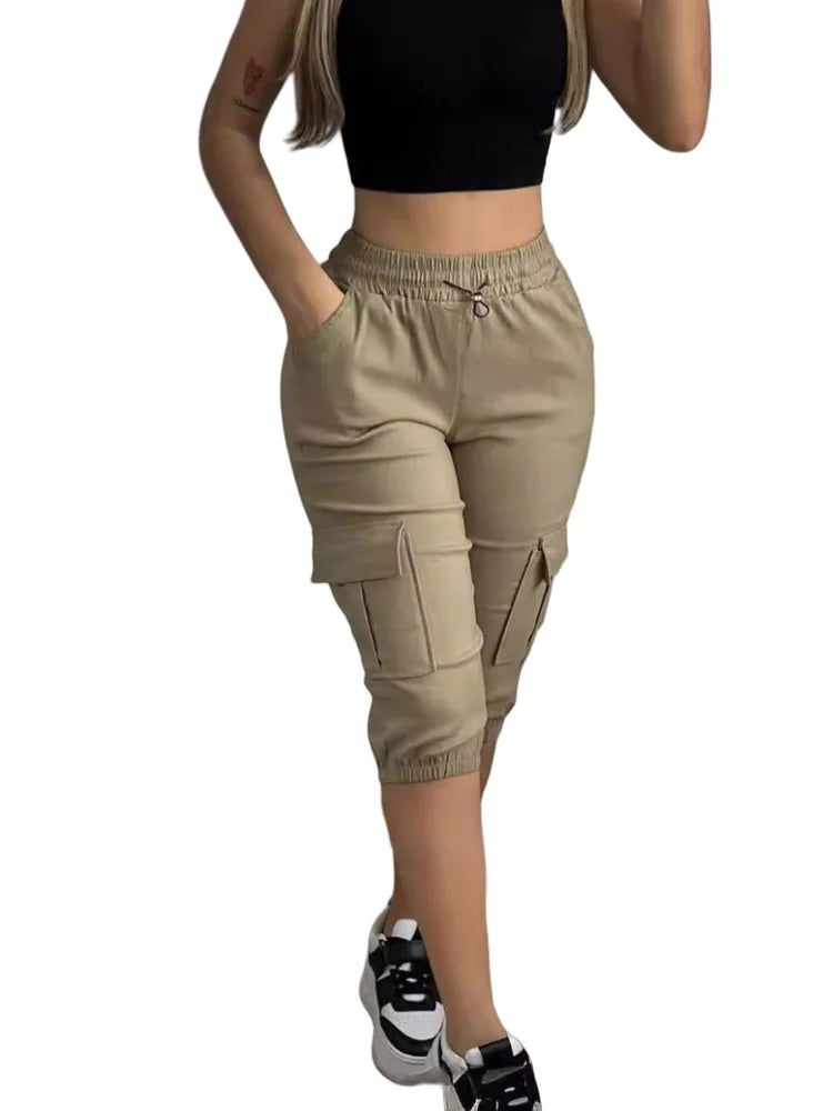 Summer Women's Slim-Fit Capri Trousers Solid Color Casual Multiple Pocket Lace-Up High Waist Tight Leggings Capri Pants