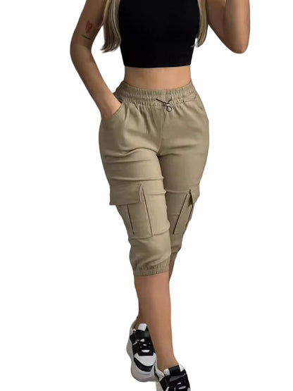 Summer Women's Slim-Fit Capri Trousers Solid Color Casual Multiple Pocket Lace-Up High Waist Tight Leggings Capri Pants