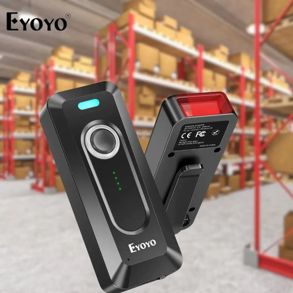 Scanner de codes-barres 2D Bluetooth Eyoyo, mini lecteur de codes QR portable sans fil avec clip et batterie 2000 mAh