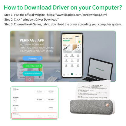 PeriPage A40 A4 Paper Printer Direct Thermal Transfer Wirless Mobile Photo Printer USB BT Connection For 2''/3''/4'' Paper Width