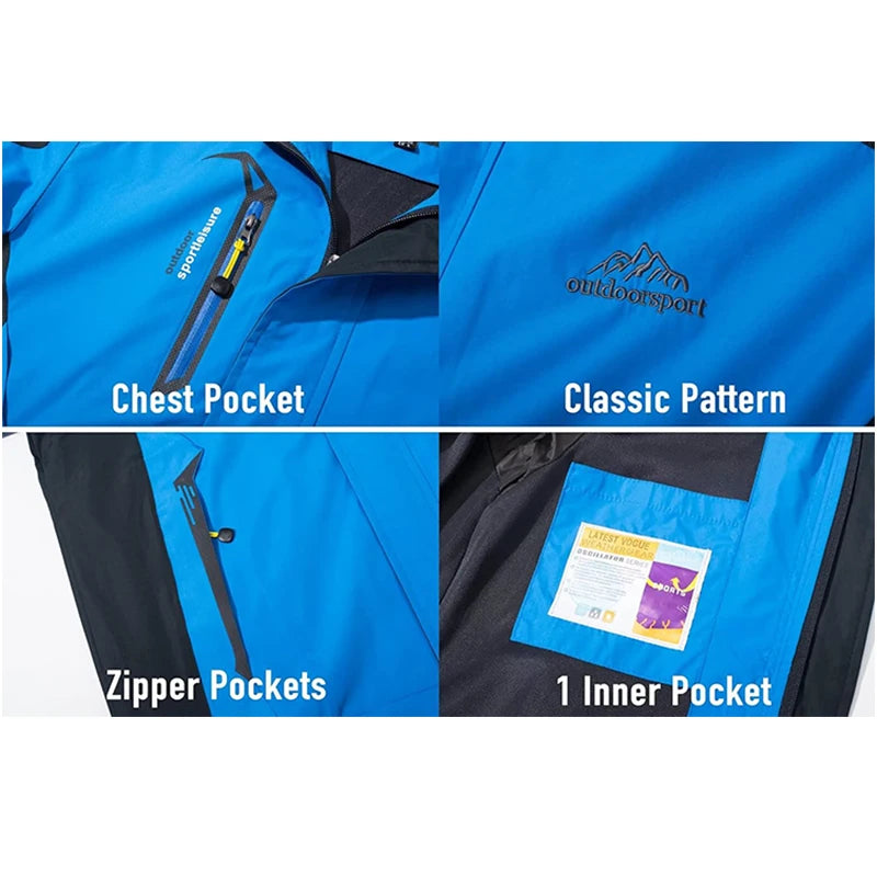 Men's Autumn Hiking Jacket Hooded Removable Waterproof Lightweight Rain Coat Trekking Outdoor Camping Casual Sportswear