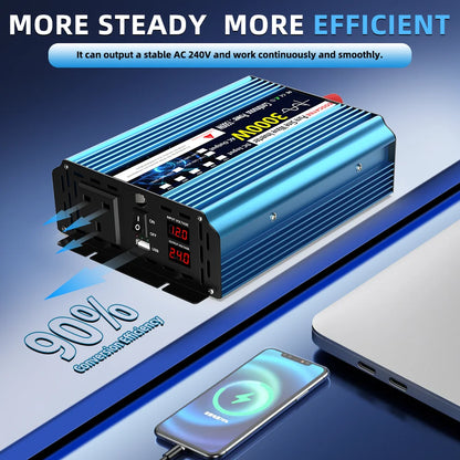Convertisseur de puissance à onde sinusoïdale pure 3000 W CC 12 V/24 V CA 240 V (prise britannique) - Convertisseur de fréquence 50 Hz pour voiture solaire - Transformateur LED