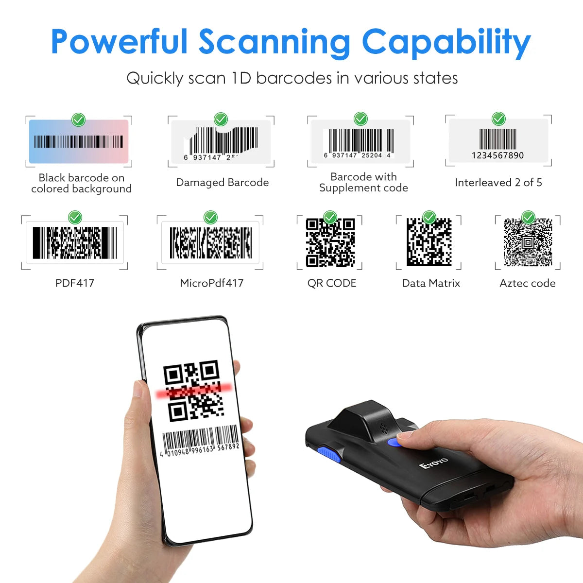 Eyoyo EY-017 2D Back Clip Bluetooth Barcode Scanner Portable Barcode Reader Data Matrix Code 1D 2D QR Scanner Android IOS System