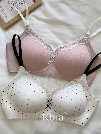 Lace Contrast Floral Print Lingerie for Women, Small Chest Gathering, Seamless and Underwire Bra