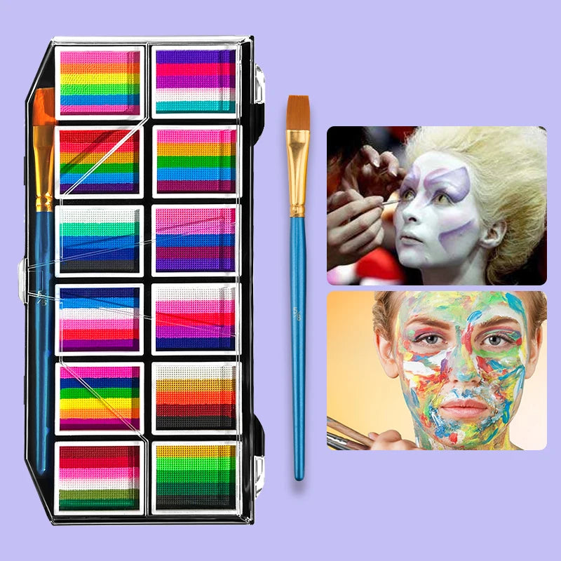 Palette de maquillage pour le visage et le corps à 12 cases, palette arc-en-ciel bicolore, maquillage à base d'eau non toxique pour Halloween et autres fêtes.