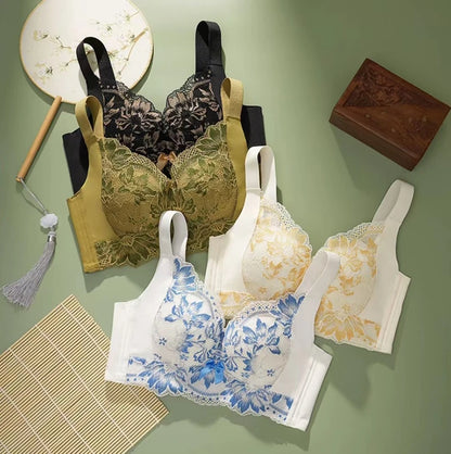 Blue and White Porcelain Adjustable Women's Underwear Comfortable Skin-friendly Breathable Gathered Bra New Thin Cup