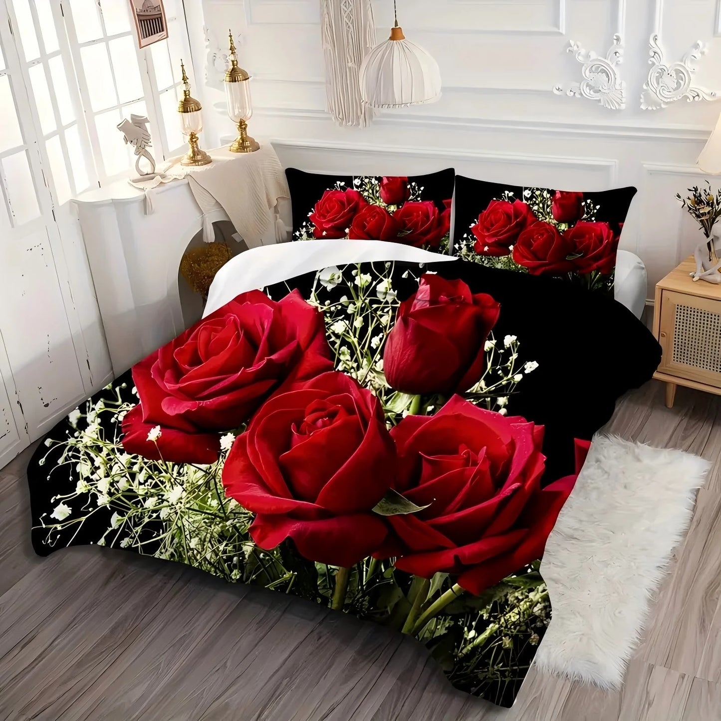 Red Roses 3D Printed Duvet Cover Valentine's Day theme Bedding set Soft Comfortable Luxury Couple style Quilt Cover Pillowcase