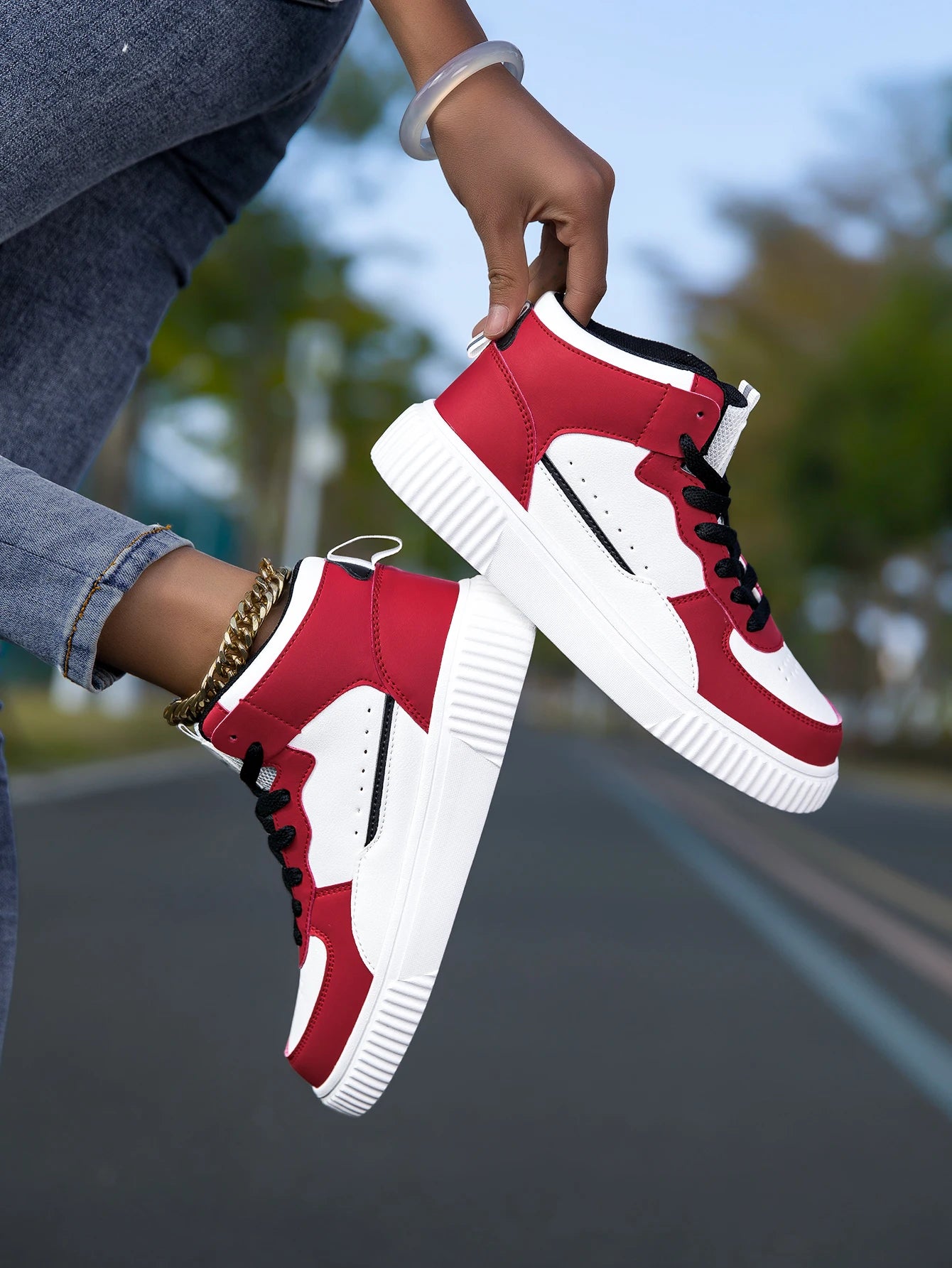 HKDQ Blue High Top Sneakers Unisex Non Slip Platform Men's Skate Shoes Spring Autumn Casual Leather Skateboard Shoes For Women